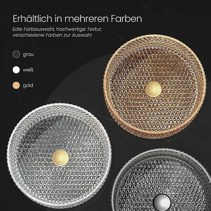 Emke Aufsatzwaschbecken Zyvex - 36 x 36 cm, Hahnloch: Ohne, Ohne Überlauf, Roségold - Das Bild zeigt eine Auswahl an farbigen Waschbecken mit edler Textur. Verfügbar in Grau, Weiß und Gold.