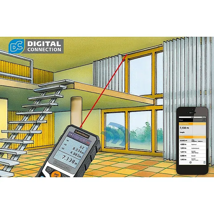 Laserliner Laserentfernungsmesser DistanceMaster Plus 80 - Messbereich: 0,05 - 80 m - Illustration eines Laserliner-Distanzmessgeräts, das eine Messung in einem Raum mit Treppe und Fenster durchführt, die Daten werden auf ein Smartphone übertragen.