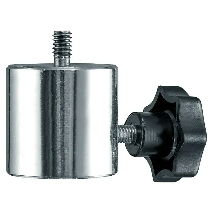 Laserliner Dreibeinständer L - Aluminium, Arbeitshöhe: 44 cm - 120 cm - Nahaufnahme eines Studioblitzschuh-Adapters mit einem Zylinderkopf und einer Feststellschraube. Ideal für Fotografen und Videofilmer.