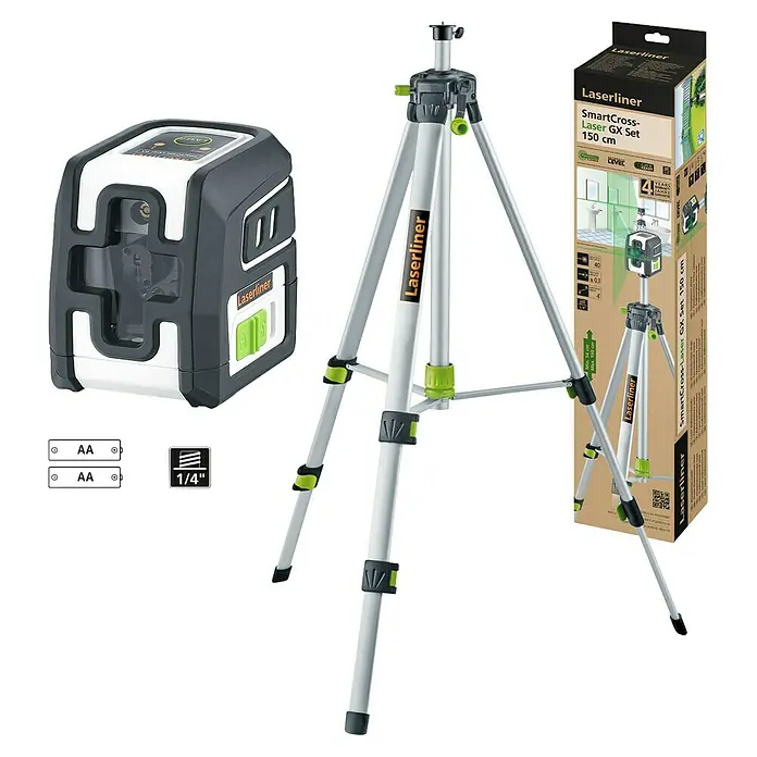 Laserliner Kreuzlinienlaser Smartcross GX - Messgenauigkeit: ± 0,3 mm/m, Mit Stativ - Produktbild eines SmartCross-Laser GX Set 150 cm von Laserliner, das ein Nivelliergerät, ein Stativ und eine Verpackung zeigt.