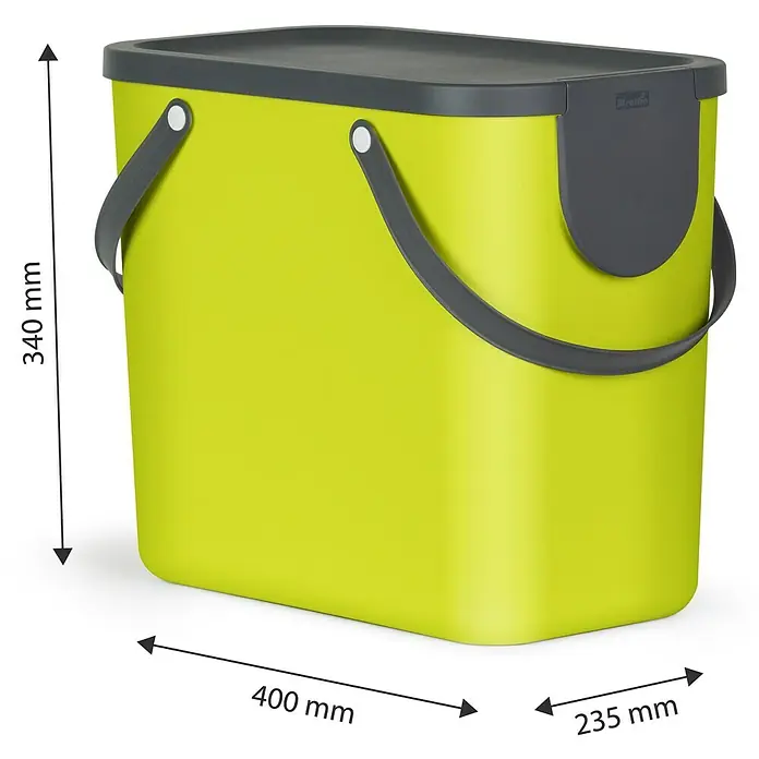 Rotho Albula Mülltrennsystem - 25 l, Kunststoff, Lime - Ein hellgrüner Mülleimer mit grauem Deckel, Griffen und den Maßen 400 mm Breite, 235 mm Tiefe und 340 mm Höhe.