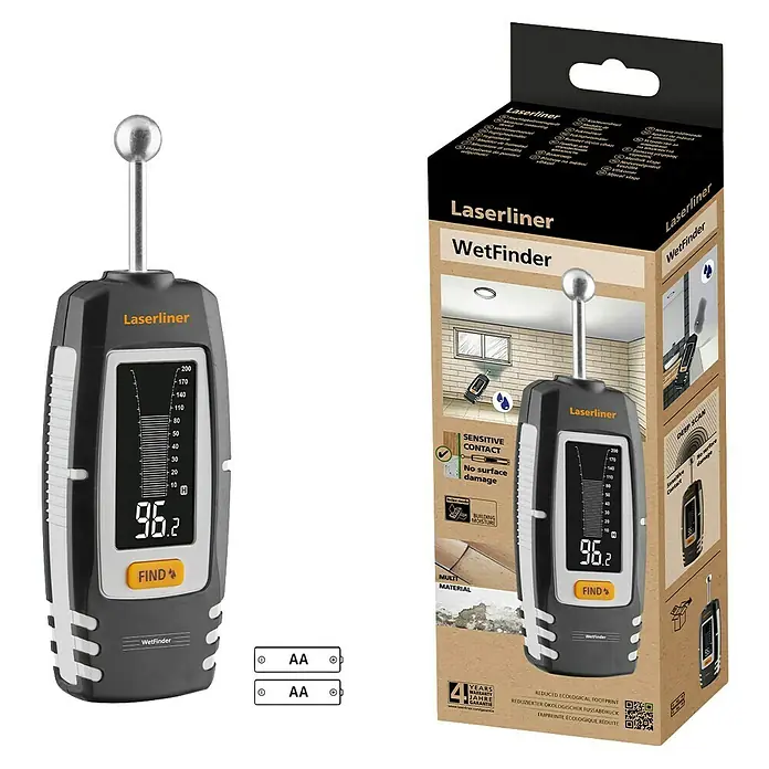Laserliner Feuchtigkeitsmessgerät - Mit Batterien - Das Laserliner WetFinder Feuchtigkeitsmessgerät mit digitaler Anzeige und die Verpackung.