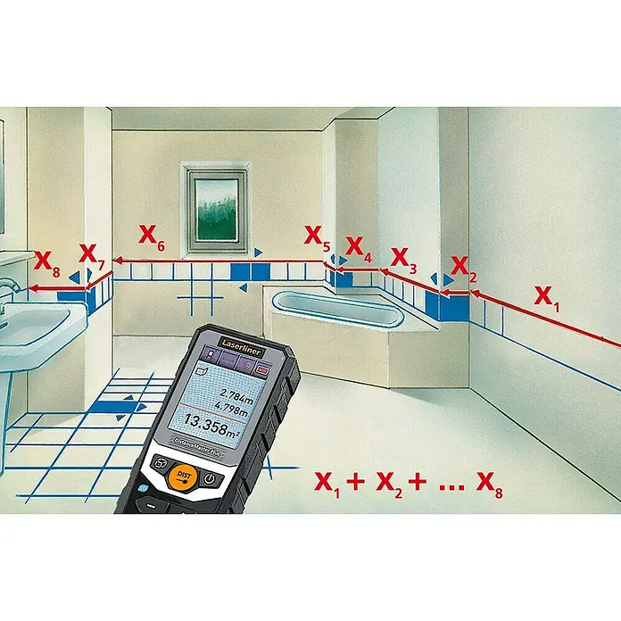 Laserliner Laserentfernungsmesser DistanceMaster Plus 80 - Messbereich: 0,05 - 80 m - Laserliner Distanzmesser Plus zur Raumvermessung im Badezimmer mit grafischer Darstellung der Messpunkte.