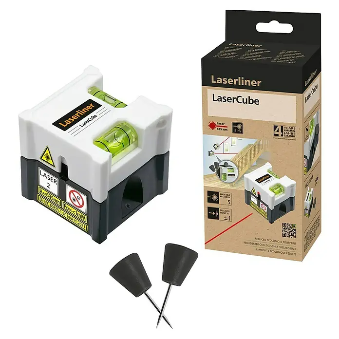 Laserliner Linienlaser Lasercube - Max. Arbeitsbereich: 5 m - Laserliner LaserCube im Karton mit Messaufsätzen. Das Gerät projiziert Laserlinien zur präzisen Ausrichtung.