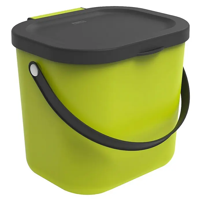 Rotho Albula Mülltrennsystem - 6 l, Kunststoff, Lime - Ein grüner Bio-Abfalleimer mit einem schwarzen Deckel und einem Griff für die einfache Entsorgung von Küchenabfällen.