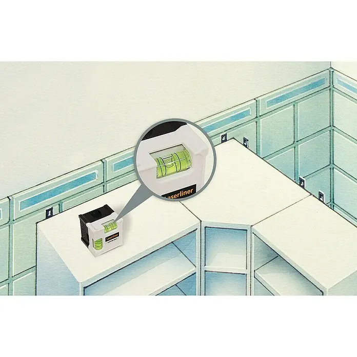 Laserliner Linienlaser Lasercube Green - Max. Arbeitsbereich: 0 m - 10 m - Ein Laserliner-Wasserwaagen-Produktbild, das auf einer weißen Oberfläche steht. Die Wasserwaage zeigt eine grüne Blase.
