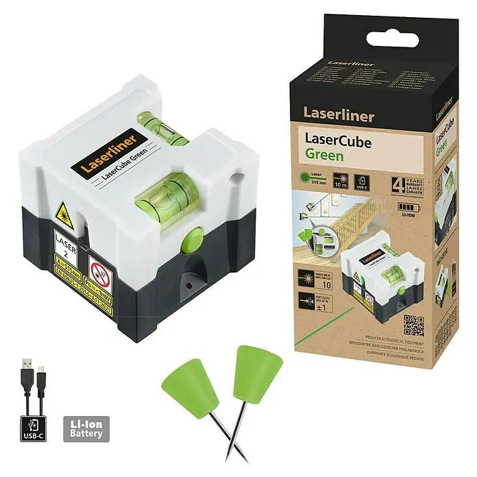 Laserliner Linienlaser Lasercube Green - Max. Arbeitsbereich: 0 m - 10 m - Das Bild zeigt einen Laserliner LaserCube Green, ein kompaktes und präzises Nivelliergerät, zusammen mit Zubehör und Verpackung.