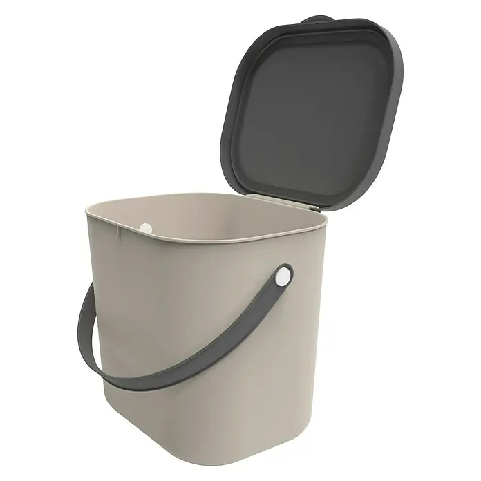 Rotho Albula Mülltrennsystem - 6 l, Kunststoff, Cappuccino - Ein offener, sandfarbener Bioabfalleimer mit grauem Deckel und Griff für die Küche.