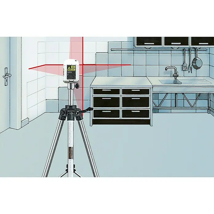 Laserliner Dreibeinständer L - Aluminium, Arbeitshöhe: 44 cm - 120 cm - Laserliner Kreuzlinienlaser auf Stativ, der rote Linien an die Wand projiziert, ideal zum Ausrichten im Innenbereich.