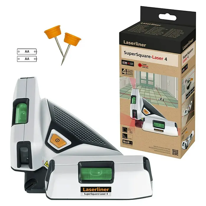 Laserliner Linienlaser Supersquare 4 - Max. Arbeitsbereich: 15 m, Winkel Laserlinien: 90 ° - Das Laserliner SuperSquare-Laser 4 Set mit Zubehör und Verpackung. Ideal für präzise Ausrichtung und Messungen im Innenbereich.