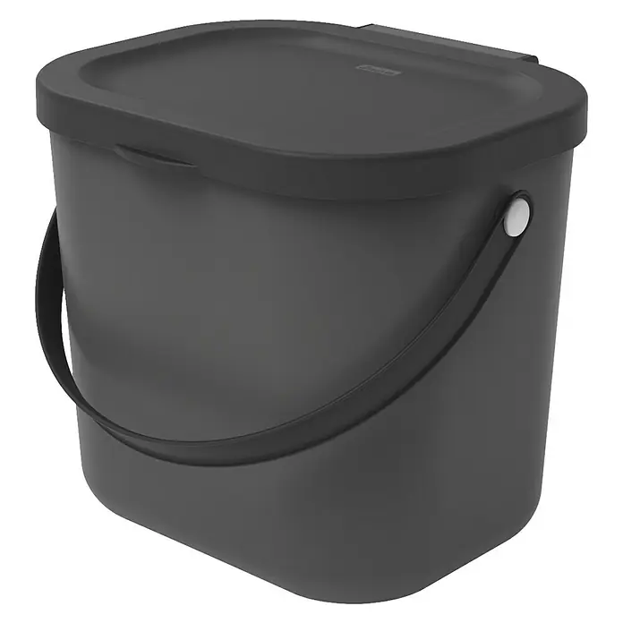Rotho Albula Mülltrennsystem - 6 l, Kunststoff, Anthrazit - Hier ist ein grauer Komposteimer mit Deckel und Henkel, der sich ideal für die Sammlung von Bioabfällen in der Küche eignet.