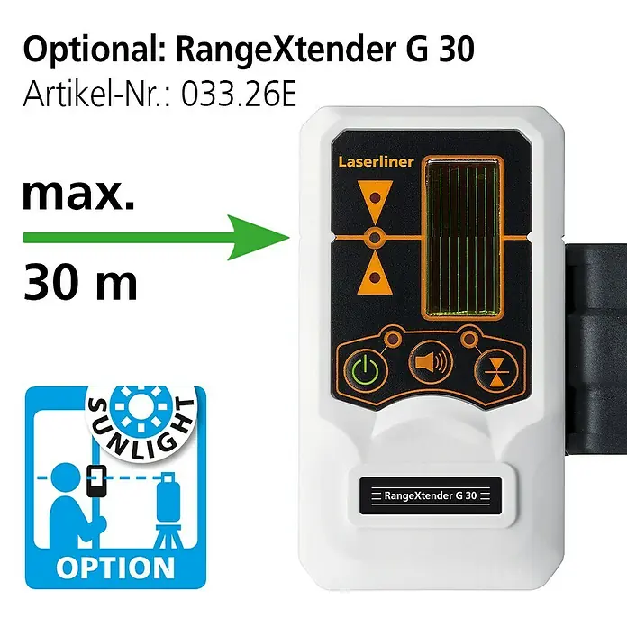 Laserliner Kreuzlinienlaser Smartcross GX - Messgenauigkeit: ± 0,3 mm/m, Mit Stativ - Das RangeXtender G 30 Gerät zur optionalen Erweiterung der Laserliner-Reichweite bis zu 30 m für verbesserte Sichtbarkeit bei Sonnenlicht.