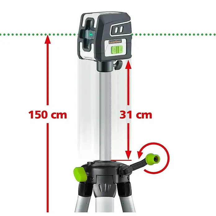 Laserliner Kreuzlinienlaser Smartcross GX - Messgenauigkeit: ± 0,3 mm/m, Mit Stativ - Abbildung eines Laserliner-Nivelliergeräts auf einem Stativ, mit Höhenangaben von 150 cm und 31 cm zur Verdeutlichung der Einstellbarkeit.