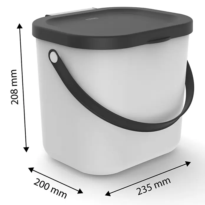 Rotho Albula Mülltrennsystem - 6 l, Kunststoff, Weiß - Bild eines weißen Küchenabfalleimers mit schwarzem Deckel und Griff mit den Maßen 208 mm Höhe, 200 mm Breite und 235 mm Länge.