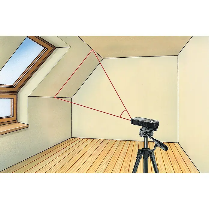 Laserliner Laserentfernungsmesser DistanceMaster Plus 80 - Messbereich: 0,05 - 80 m - Ein Nivelliergerät auf einem Stativ ist in einem Dachzimmer platziert und projiziert rote Linien an die Wand.