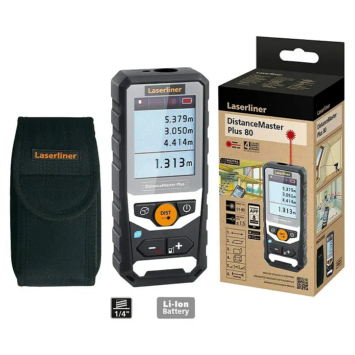 Laserliner Laserentfernungsmesser DistanceMaster Plus 80 - Messbereich: 0,05 - 80 m - Laserliner DistanceMaster Plus 80: Präzisions-Laserentfernungsmesser für genaue Messungen mit praktischer Tasche und Kartonverpackung.