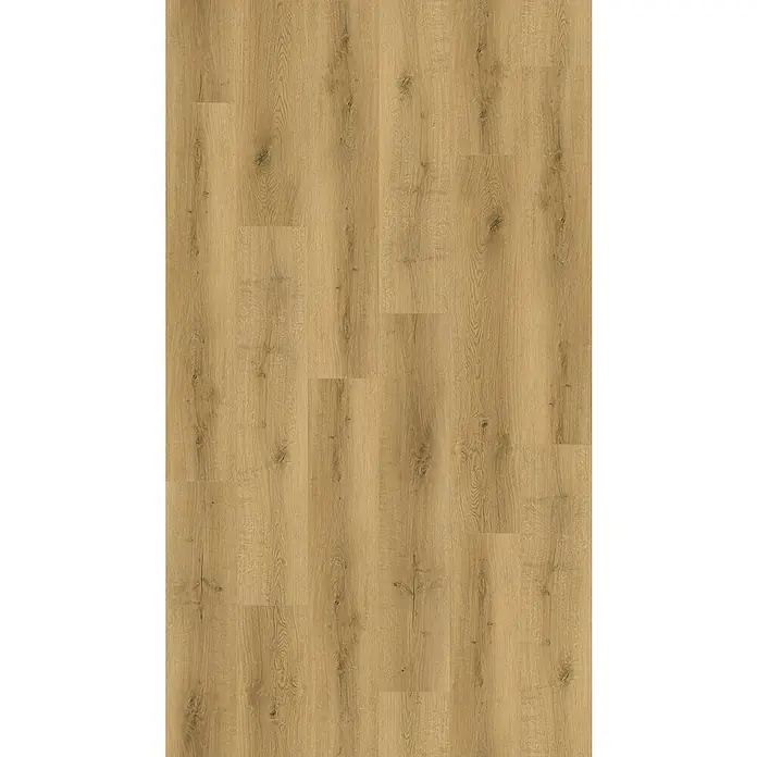 Vinylboden Rigid - Eiche Reykjavik, Landhausdiele, 1.220 x 229 x 5,5 mm - Nahaufnahme eines Paneels aus beigefarbenem Eichenlaminat mit Maserung, das eine moderne und elegante Oberfläche für jeden Raum bietet.