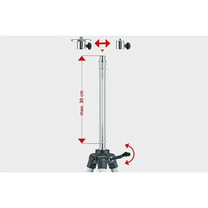 Laserliner Dreibeinständer L - Aluminium, Arbeitshöhe: 44 cm - 120 cm - Abbildung eines Stativs mit ausziehbarer Mittelsäule und Befestigungselementen. Das Stativ bietet Flexibilität für verschiedene Anwendungen.