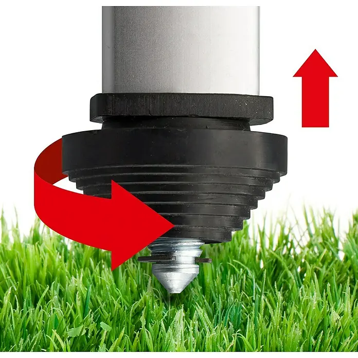 Laserliner Dreibeinständer L - Aluminium, Arbeitshöhe: 44 cm - 120 cm - Nahaufnahme eines rotierenden Erdspießes mit Pfeilen, die Dreh- und Aufwärtsbewegungen andeuten, vor einem grünen Gras Hintergrund.