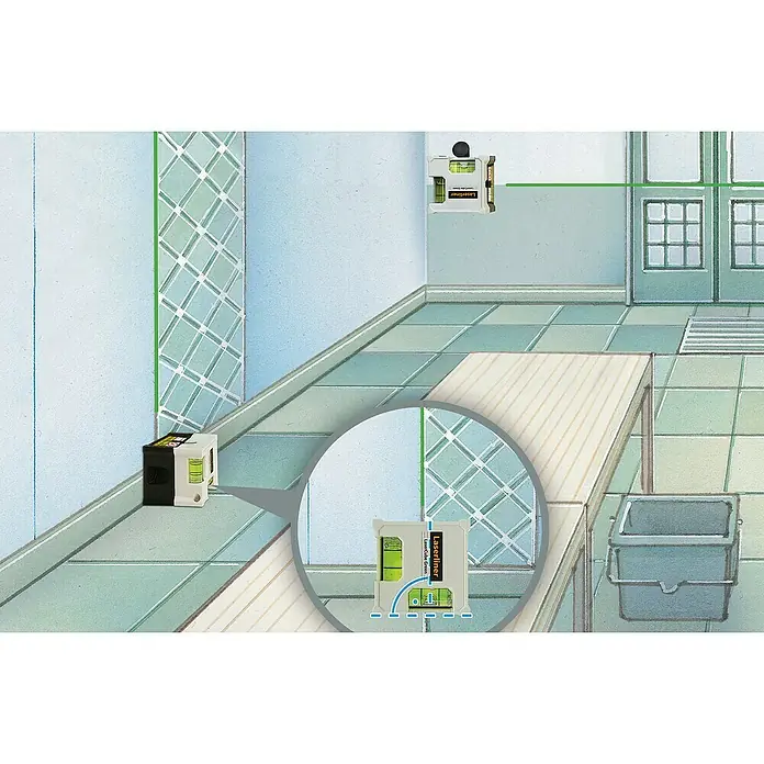 Laserliner Linienlaser Lasercube Green - Max. Arbeitsbereich: 0 m - 10 m - Laserliner-Geräte zeigen präzise grüne Laserlinien im Raum an, ideal für akkurate Ausrichtung bei Bau- und Renovierungsprojekten.