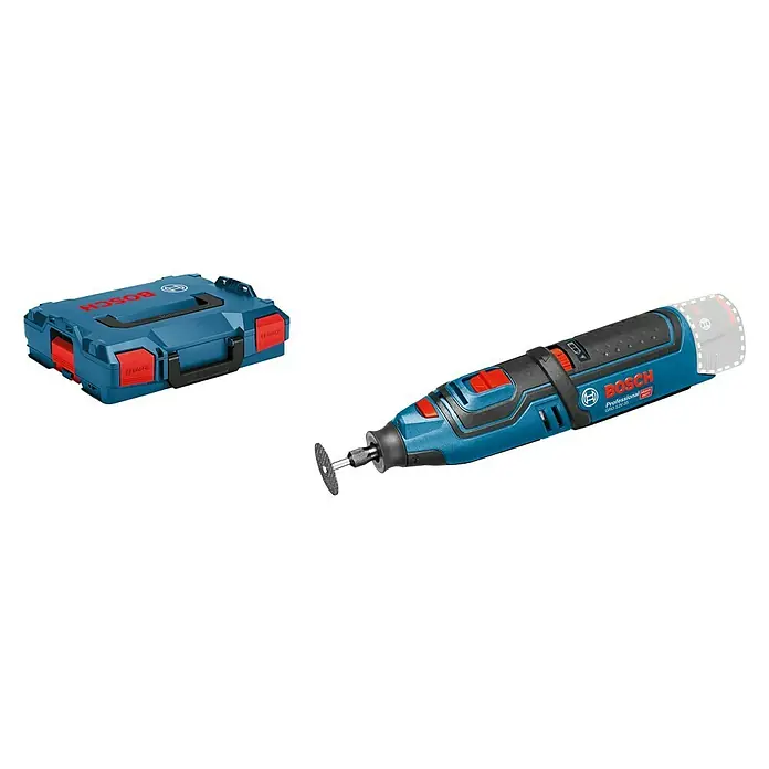 Bosch Professional Akku-Multifunktionswerkzeug GRO 12V-35 L-Boxx - 12 V, Ohne Akku - Bild eines Bosch GRO 12V-35 Akku-Multifunktionswerkzeugs mit Zubehör in einer blauen Box, ideal für professionelle Anwendungen.