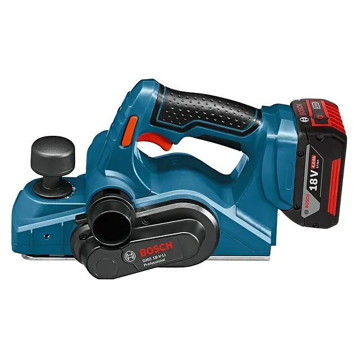 Bosch Professional AMPShare 18V Akku-Hobel GHO 18 V-LI L-Boxx - 18 V, Ohne Akku, Hobeltiefe: 0 mm - 1,6 mm, Leerlaufdrehzahl: 0 U/min - 14.000 U/min - Akku-Hobel GHO 18-V-LI Professional von Bosch mit blauem Gehäuse, schwarzem Griff und rotem Akku.