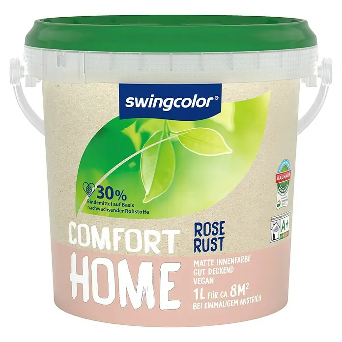 swingcolor Wandfarbe Comfort Home - Rose Rust, Stumpfmatt, 1 l, Konservierungsmittelfrei - Abbildung eines Eimers Swingcolor Comfort Home Rose Rust Innenfarbe, matt, vegan, mit 30% nachwachsenden Rohstoffen.