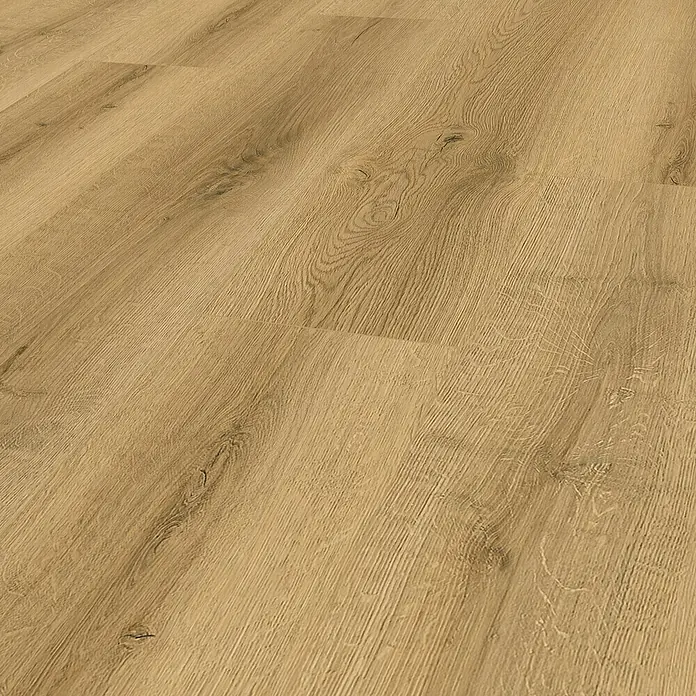 Vinylboden Rigid - Eiche Reykjavik, Landhausdiele, 1.220 x 229 x 5,5 mm - Detailaufnahme eines hellbraunen Laminatbodens mit Maserung, der eine warme und natürliche Holzoptik vermittelt.