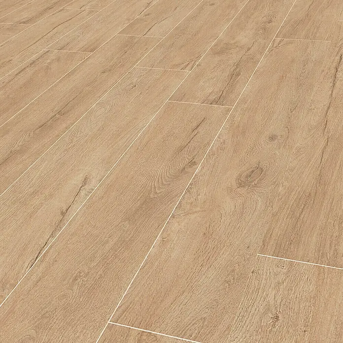 Atlas Concorde Solution Fable Feinsteinzeugfliese Honey - 20 x 120 cm, Hellbraun, Matt - Nahaufnahme von hellem Laminatboden mit Holzmaserung und feinen Fugen, ideal für modernes Wohnambiente.