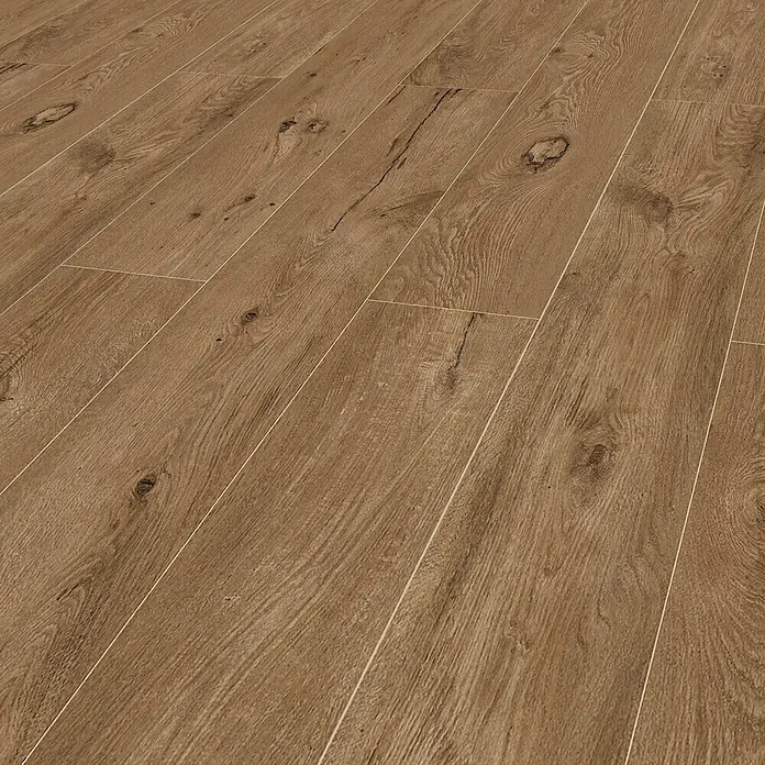 Atlas Concorde Solution Fable Feinsteinzeugfliese Cognac - 20 x 120 cm, Dunkelbraun, Matt - Detailaufnahme eines Laminatbodens in Holzoptik mit Maserung und Astlöchern, der eine warme und natürliche Atmosphäre vermittelt.