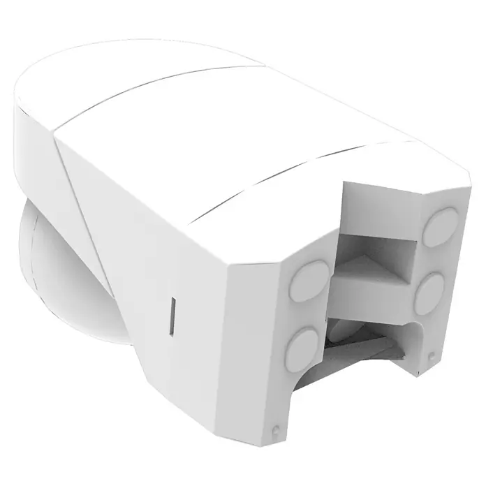 Voltolux Bewegungsmelder 3 in 1 - Reichweite Sensor: 12 m, Weiß, Erfassungswinkel Sensor: 180 ° - Ein schlichtes weißes Objekt, möglicherweise ein Baustein oder ein architektonisches Modell, das durch seine geometrische Form besticht.