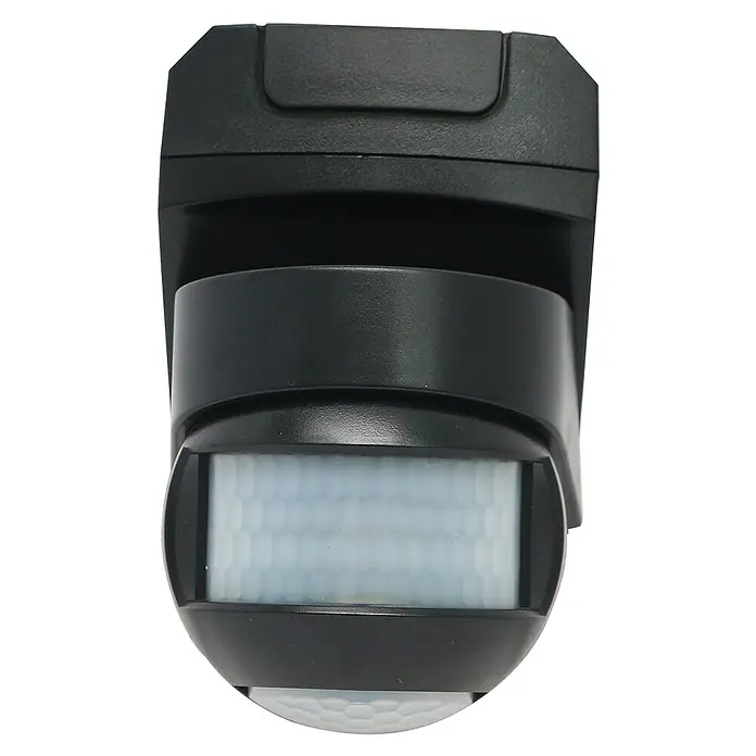 Voltolux Bewegungsmelder 3 in 1 - Reichweite Sensor: 12 m, Schwarz, Erfassungswinkel Sensor: 180 ° - Nahaufnahme eines schwarzen Bewegungsmelders. Er hat ein schlankes Design und ist für den Außenbereich geeignet.