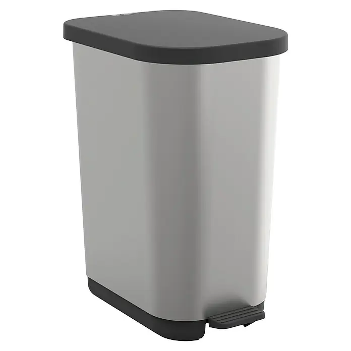 Rotho Treteimer Ribo - 35 l, Kunststoff, Silber/Schwarz - Ein silberner Treteimer mit schwarzem Deckel und Fußpedal für hygienische Abfallentsorgung im Haushalt.