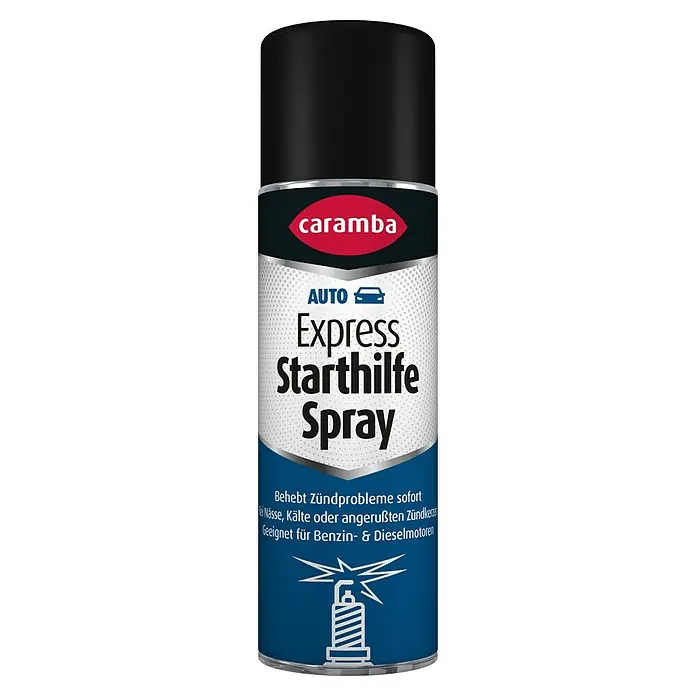 Caramba Starthilfespray Express - 300 ml - Produktbild einer Caramba Express Starthilfe Spraydose in Weiß, Blau und Schwarz.