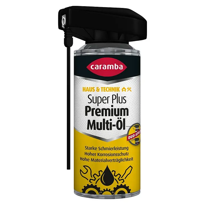 Caramba Multiöl Super Plus Premium - 200 ml - Abbildung einer Sprühdose Caramba Super Plus Premium Multi-Öl für Haus & Technik mit Duo-Spray Funktion, ideal für Schmierung und Korrosionsschutz.