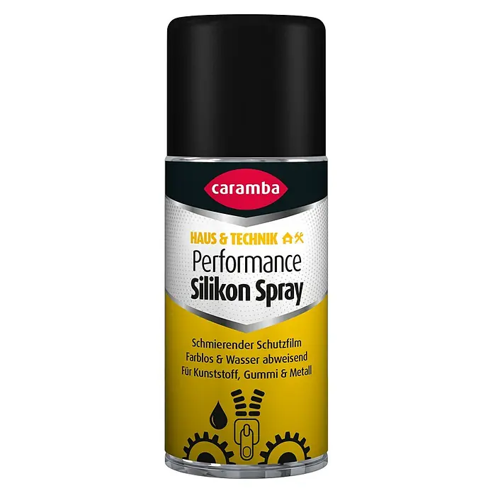 Caramba Silikonspray Performance - 100 ml - Abbildung einer Dose Caramba Performance Silikon Spray, das für Kunststoffe, Gummi und Metalle geeignet ist.