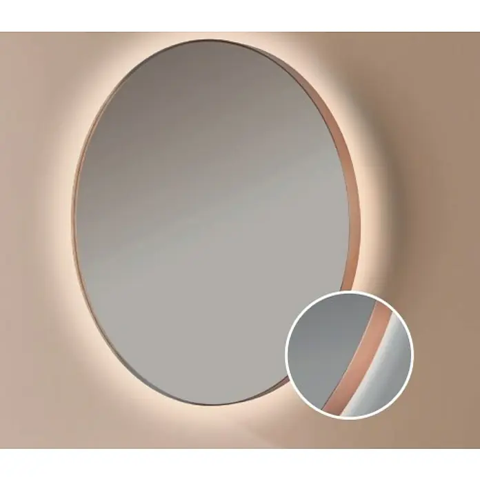Bath Stage Espejo con luz B-960 - Diámetro: 80 cm, Oro rosa, Blanco frío - Un espejo redondo con un marco de oro rosa y una suave retroiluminación, que añade un toque de elegancia.