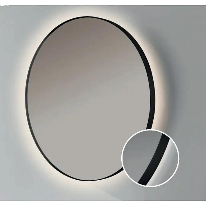 Bath Stage Espejo con luz B-960 - Diámetro: 60 cm, Negro, Blanco frío - Un espejo redondo moderno con marco negro e iluminación de fondo integrada, que crea un ambiente elegante y con estilo.