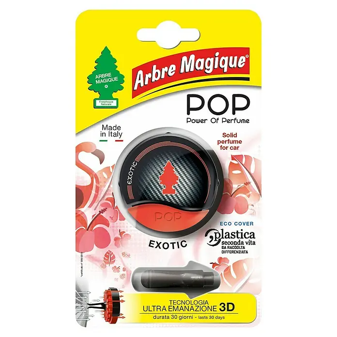 Ambientador de coche Pop - Exotic, Rojo, 30 días - Esta imagen muestra un ambientador para coche Arbre Magique POP "Exotic", que proporciona una experiencia de fragancia tropical con una mezcla de diseño y función.