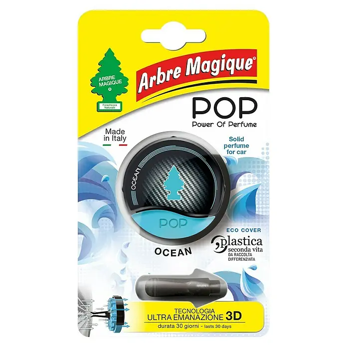 Ambientador de coche Pop - Ocean, Azul, 30 días - Imagen de un ambientador Arbre Magique POP para coches con aroma a océano, asegurando una experiencia de fragancia fresca en el coche.