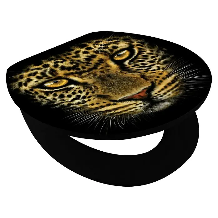 Poseidon Tapa de WC Leopard - MDF, Multicolor, Con caída amortiguada - Tapa de inodoro con estampado de leopardo. La tapa del váter muestra la cara de un leopardo en primer plano.