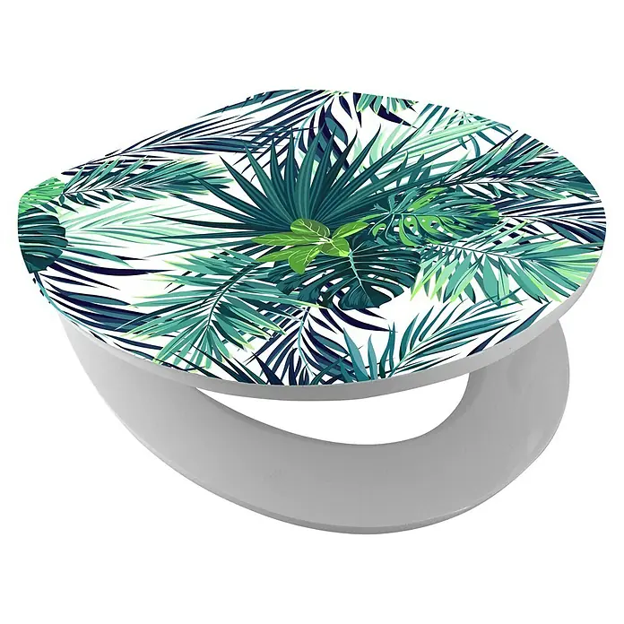 Poseidon Tapa de WC Jungle - MDF, Multicolor, Con caída amortiguada - Un asiento de inodoro con un patrón de hojas tropicales. La tapa muestra un diseño de hojas verdes, añadiendo un toque tropical al baño.