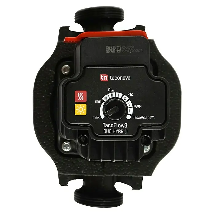 Umwälzpumpe TacoFlow3 DUO HYBRID 25-60/180 TS INS - 44 W, Förderhöhe: 6 m - Nahaufnahme einer TacoFlow3 Duo Hybrid Heizungspumpe von Taconova, die für effiziente Heizsysteme sorgt.