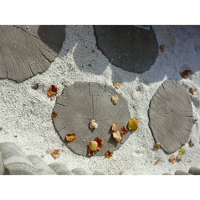 EHL Trittstein Baumscheibe - Durchmesser: 35 cm - 40 cm, Braun, Beton - Trittplatten in Baumstammoptik liegen auf Kies und sind mit Herbstlaub bedeckt, ideal für Gartenwege und dekorative Akzente im Außenbereich.