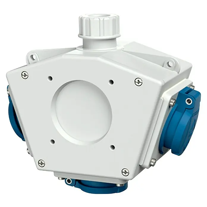 Mennekes Baustromverteiler Delta-Box CEE- und 2 x Schuko-Steckdose - Anzahl CEE-Steckdosen: 1 Stk., Anzahl Steckdosen Schuko: 2 Stk., IP44, 1 CEE- & 2 Schuko-Stecker - Eine weiße und blaue Mehrfachsteckdose, die für den industriellen Gebrauch geeignet ist. Sie bietet mehrere Anschlüsse in einem robusten Gehäuse.