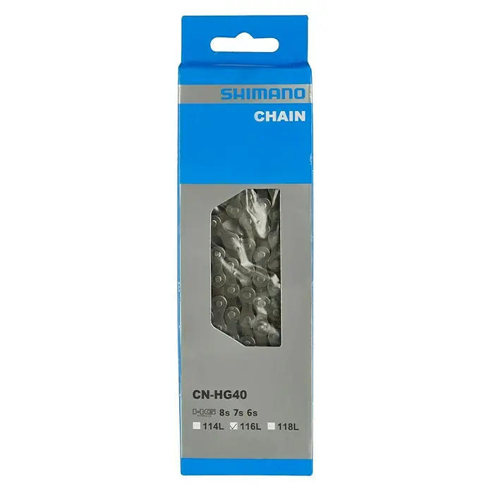 Shimano Fahrradkette - Anzahl Glieder: 116 Stk., Geeignet für: 6 oder 8 Ritzel (18 - 24 Gang) - Ein Shimano CN-HG40 Fahrradkette in der Verpackung. Die Kette ist mit 116L Länge für 8-, 7- und 6-fach Schaltungen geeignet.