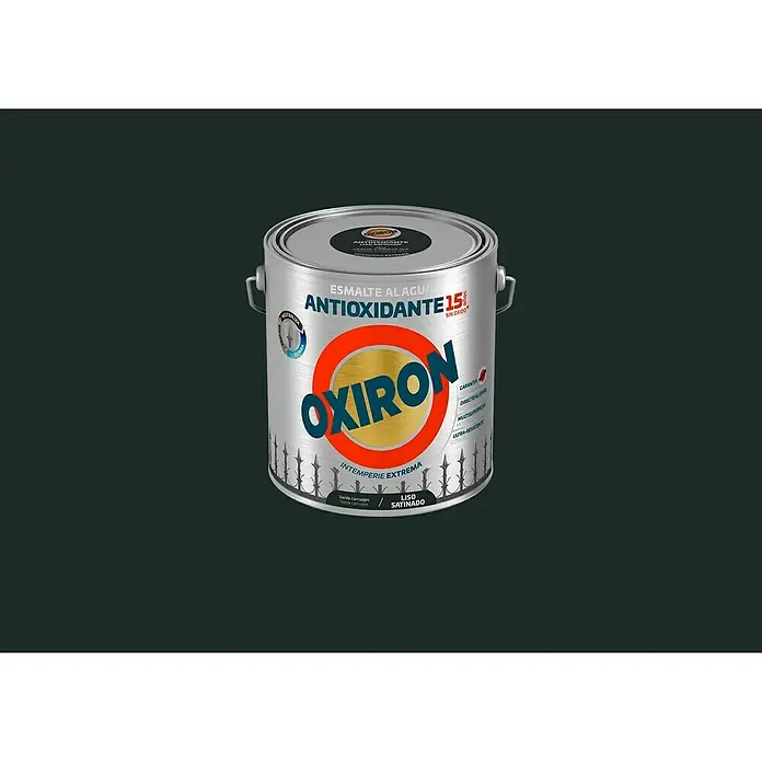 Oxiron Esmalte para metal Antioxidante Eco - Verde carruaje, 2,5 l, Satinado - Bote de pintura Oxiron, pintura antioxidante al agua en verde oscuro, ideal para exteriores y condiciones climáticas extremas con acabado satinado.