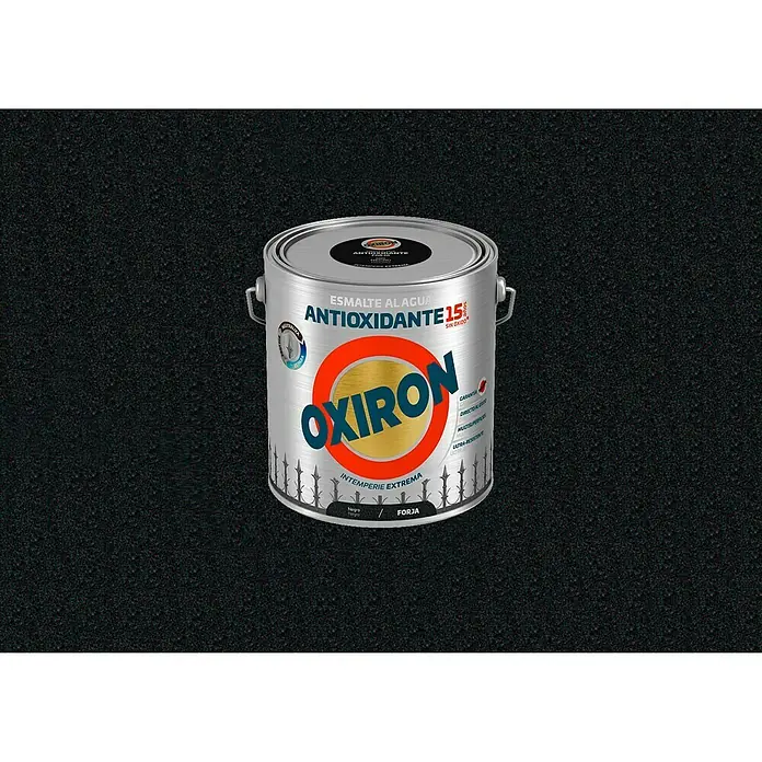 Oxiron Esmalte para metal Antioxidante Eco Forja - Negro, 2,5 l - Un cubo de metal plateado con pintura de esmalte Oxiron negra con protección contra el óxido para climas extremos.