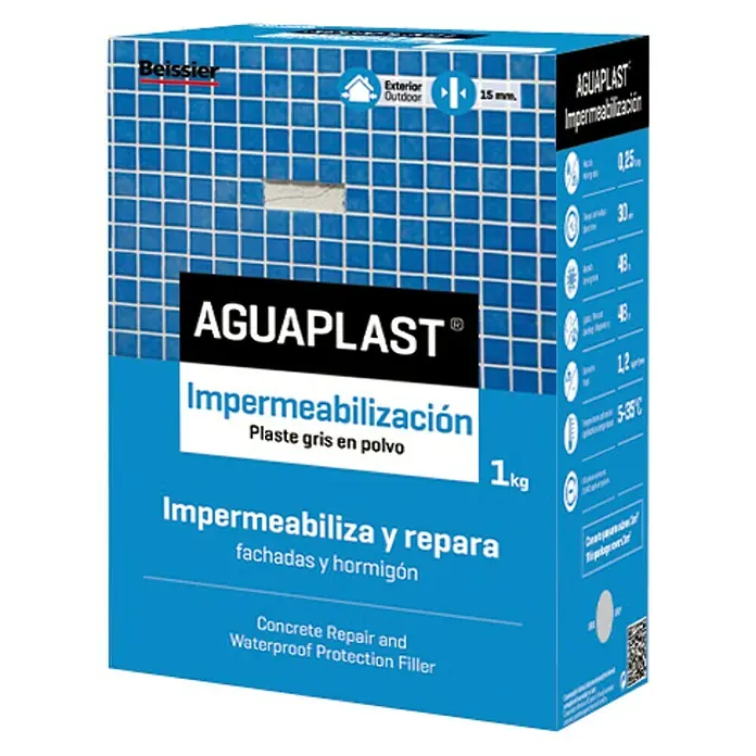 Beissier Aguaplast Plaste impermeabilización - Gris, 1 kg - Imagen del producto de impermeabilización AGUAPLAST, yeso gris en polvo para reparación de hormigón y protección impermeable de fachadas y hormigón.