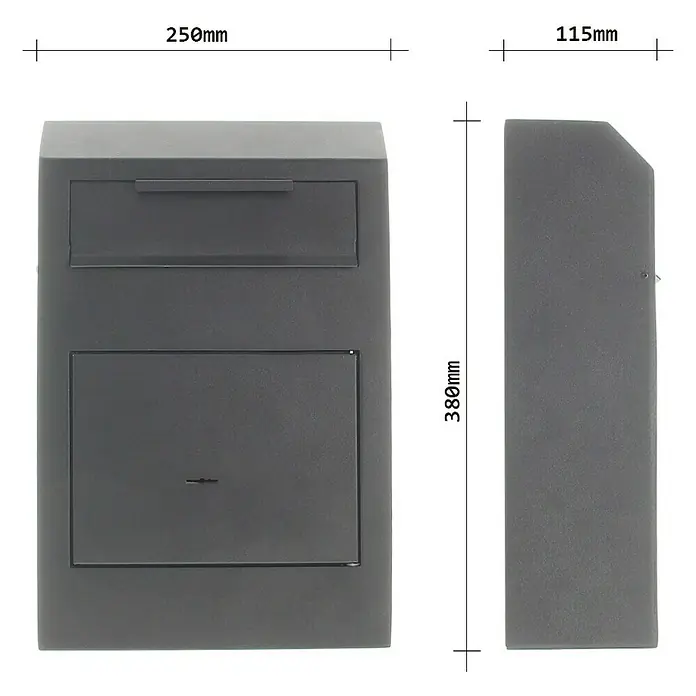 Rottner Einwurftresor Cashmatic - 11,5 x 25 x 38 cm, Doppelbartschloss - Eine Nahaufnahme des Metallbriefkastens mit Größenangaben zeigt die Abmessungen von 250 mm Breite, 380 mm Höhe und 115 mm Tiefe.